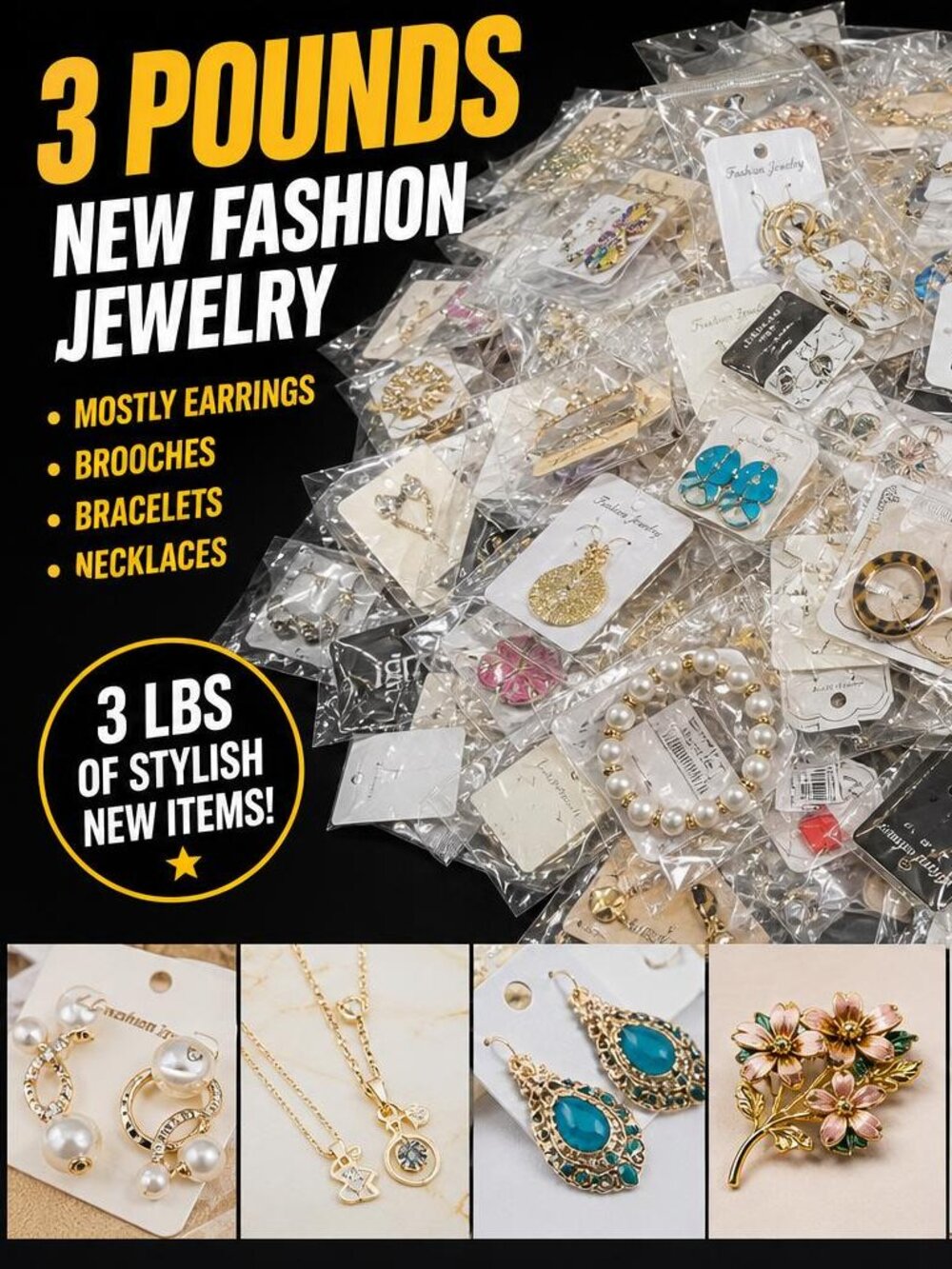Bulk - 3 Pounds New Fashion Jewelry (Mostly Earrings) Brooch Bracelets Necklaces
